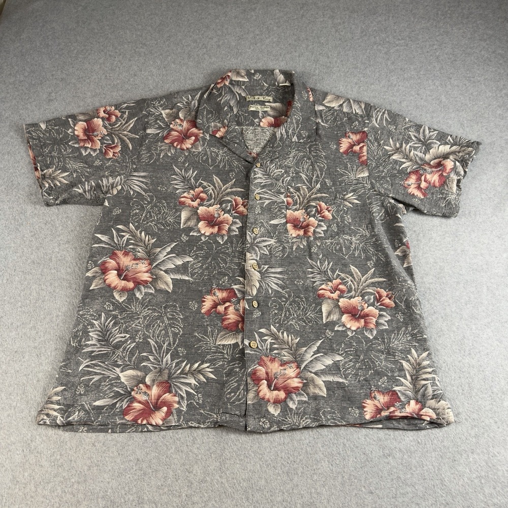 Vintage Batik Bay 100% Silk Hawaiian Shirt XL Green Hibiscus Floral 90s NOTE